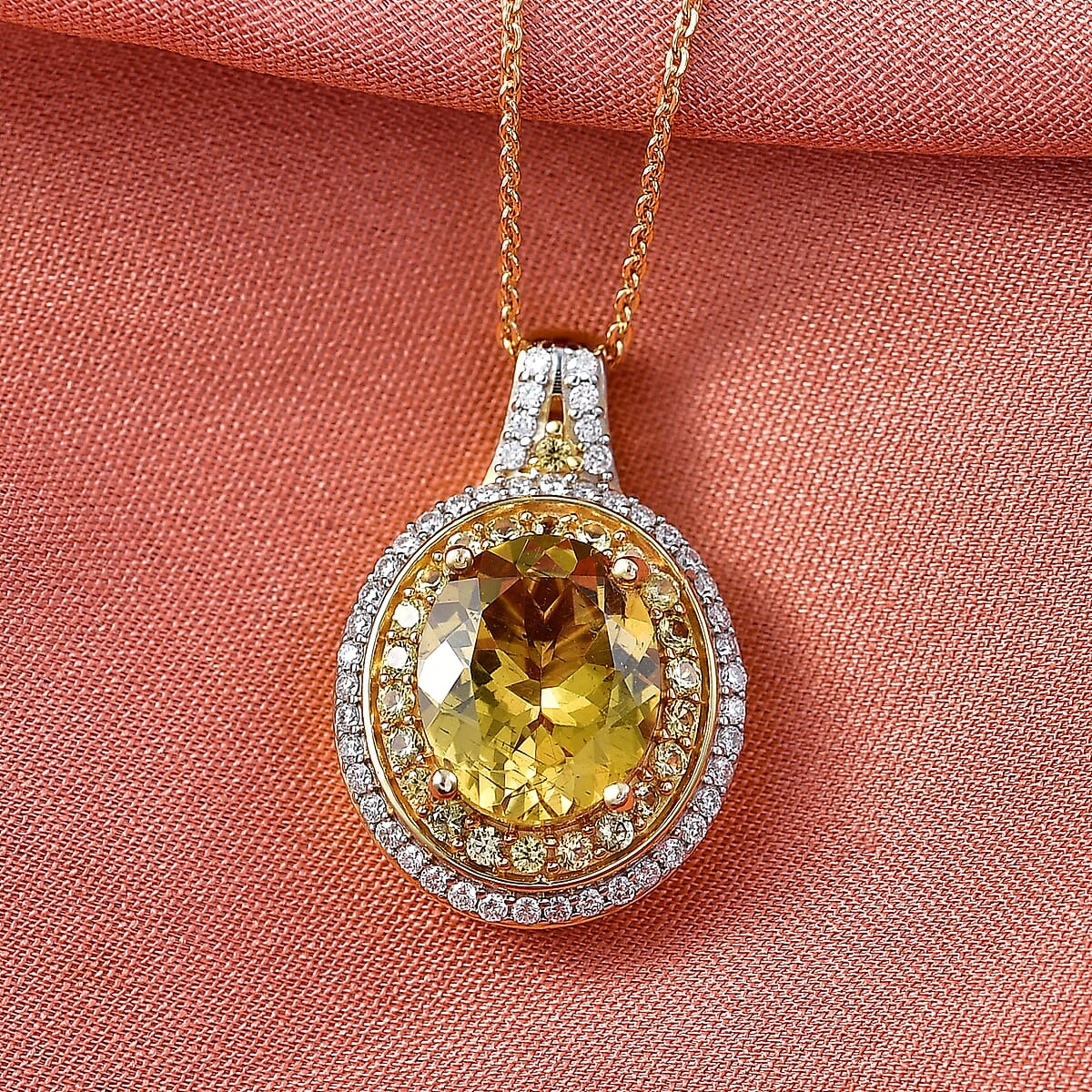 D'Joy Premium Golden Apatite and Multi Gemstone 4.60 ctw Crownlight Halo Pendant Necklace in 18K Vermeil Yellow Gold Over Sterling Silver 20 Inches image number 1