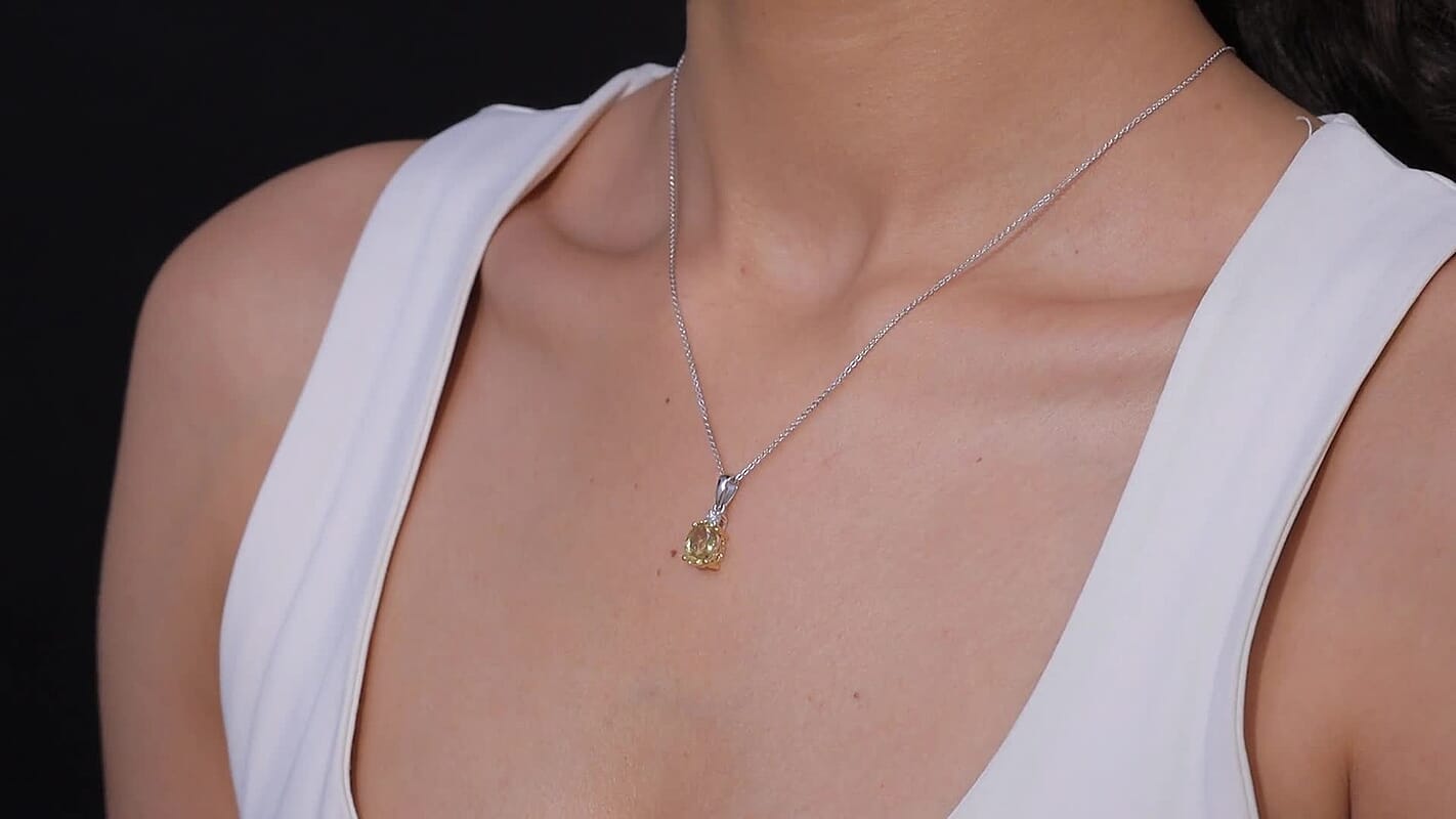 Premium Golden Apatite and Luxuriant Lab Grown Diamond G-H SI 2.10 ctw Golden Focus Pendant Necklace in 18K Vermeil YG and Rhodium Over Sterling Silver 20 Inches