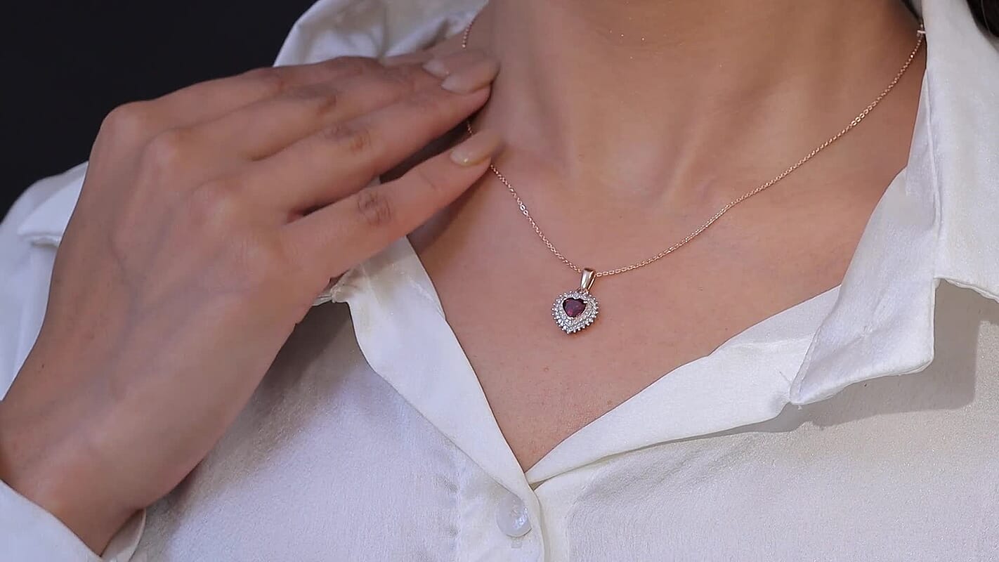 Premium Malawi Magenta Garnet, Luxuriant Lab Grown Diamond G-H SI 1.00 ctw Crown Affair Pendant Necklace in 18K Vermeil Rose Gold Over Sterling Silver 20 Inches