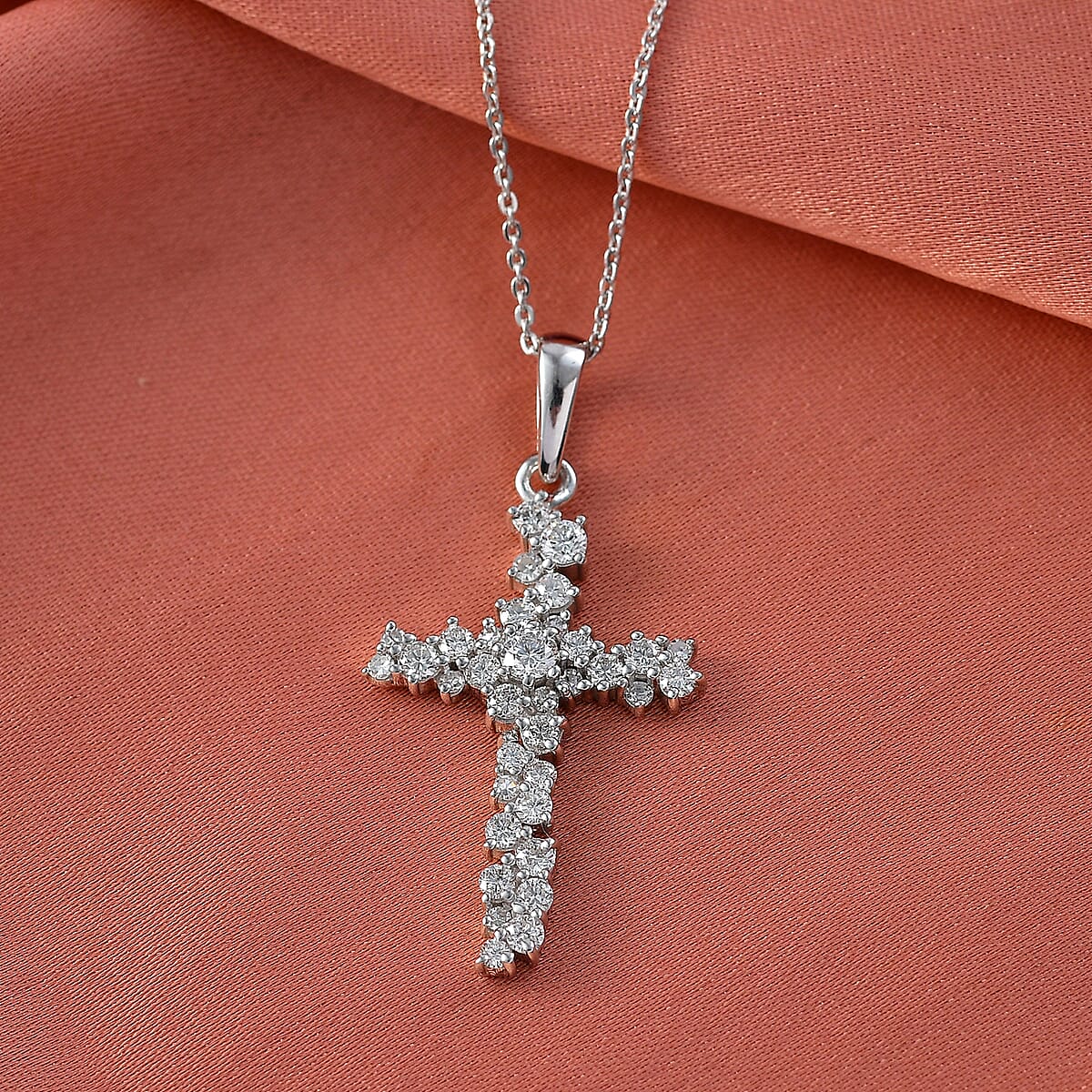 Luxuriant Lab Grown Diamond G-H SI 1.00 ctw Eternal Light Cross Pendant Necklace in Rhodium Over Sterling Silver 20 Inches  image number 1