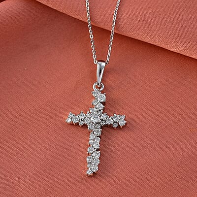 Luxuriant Lab Grown Diamond G-H SI 1.00 ctw Eternal Light Cross Pendant Necklace in Rhodium Over Sterling Silver 20 Inches 