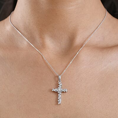 Luxuriant Lab Grown Diamond G-H SI 1.00 ctw Eternal Light Cross Pendant Necklace in Rhodium Over Sterling Silver 20 Inches 