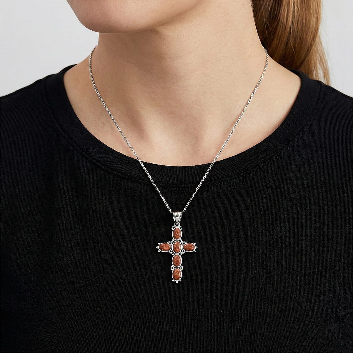 Goldstone 13.00 ctw Cross Pendant in Silvertone with Stainless Steel Necklace 20 Inches  image number 2