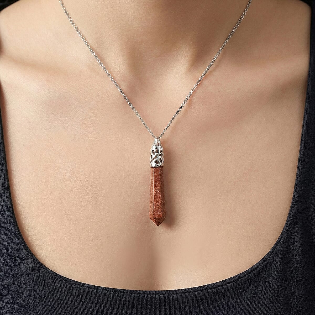 Goldstone 36 ctw Taper Point Pendant in Silvertone with Stainless Steel Necklace 20 Inches image number 2