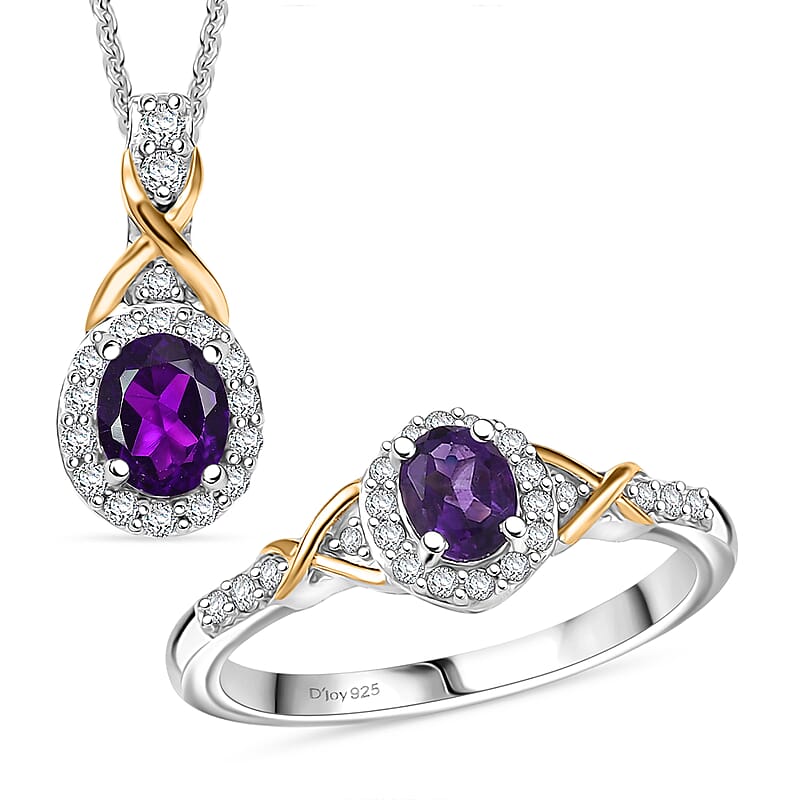 D'Joy African Amethyst and White Zircon 1.10 ctw Ring (Size 5) and Pendant Necklace 20 Inches in 18K Vermeil Yellow Gold and Rhodium Over Sterling Silver