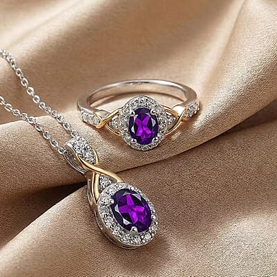 D'Joy African Amethyst and White Zircon 1.10 ctw Ring (Size 5) and Pendant Necklace 20 Inches in 18K Vermeil Yellow Gold and Rhodium Over Sterling Silver