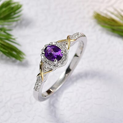 D'Joy African Amethyst and White Zircon 1.10 ctw Ring (Size 5) and Pendant Necklace 20 Inches in 18K Vermeil Yellow Gold and Rhodium Over Sterling Silver