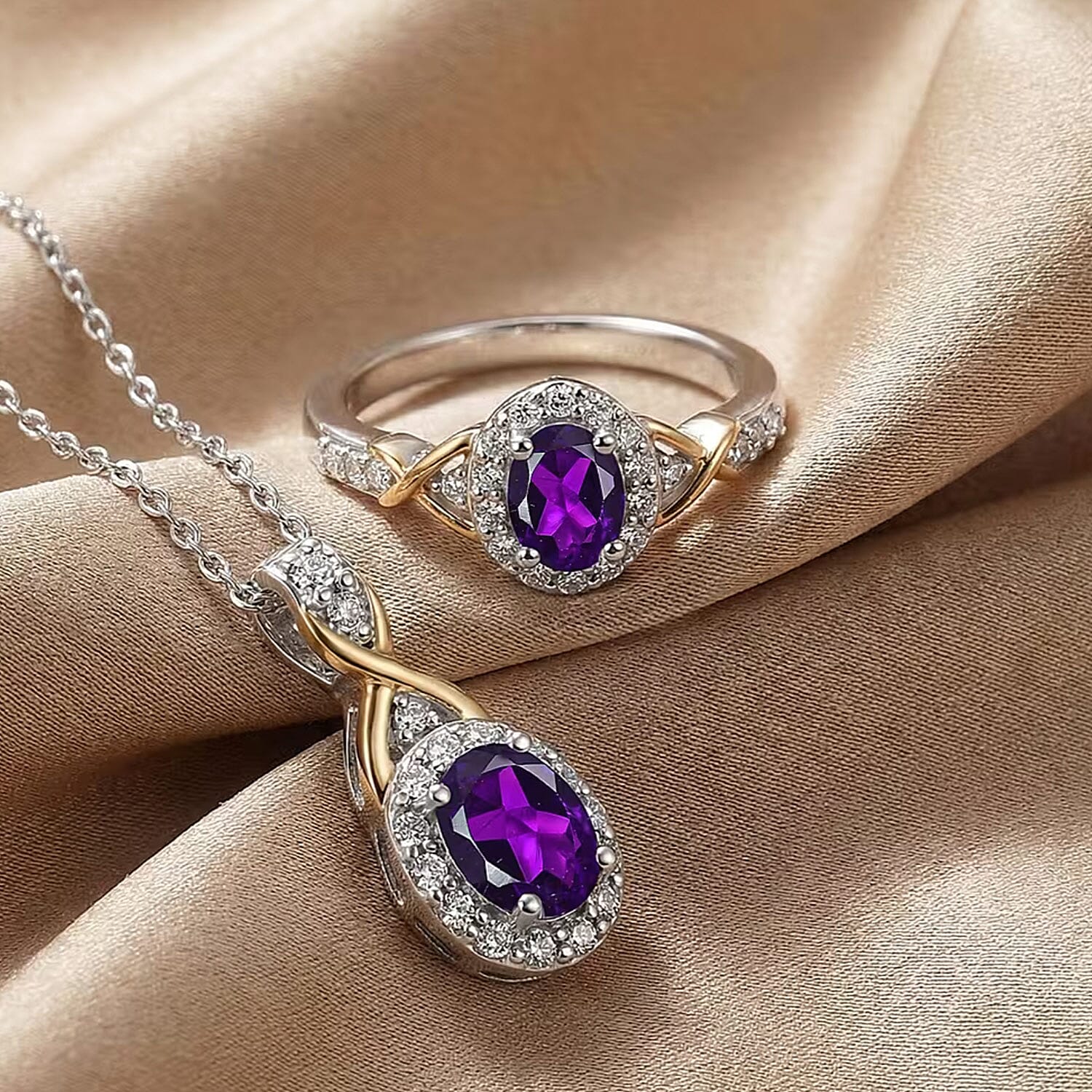 D'Joy African Amethyst and White Zircon 1.10 ctw Ring (Size 6) and Pendant Necklace 20 Inches in 18K Vermeil Yellow G and Rhodium Over Sterling Silver