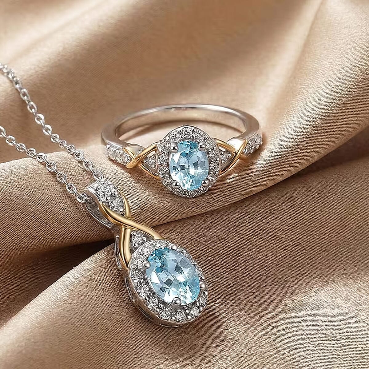 D'Joy Blue Zircon and White Zircon 1.59 ctw Ring (Size 5) and Pendant Necklace 20 Inches in 18K Vermeil Yellow Gold and Rhodium Over Sterling Silver (Del. In 10-12 Days) image number 4