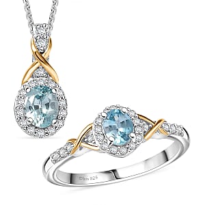 D'Joy Blue Zircon and White Zircon 1.59 ctw Ring (Size 7) and Pendant Necklace 20 Inches in 18K Vermeil Yellow Gold and Rhodium Over Sterling Silver