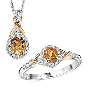 D'Joy Brazilian Citrine and White Zircon 1.19 ctw Ring (Size 9) and Pendant Necklace 20 Inches in 18K Vermeil Yellow Gold and Rhodium Over Sterling Silver