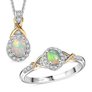 D'Joy Ethiopian Welo Opal and White Zircon 1.15 ctw Ring (Size 9) and Pendant Necklace 20 Inches in 18K Vermeil Yellow Gold and Rhodium Over Sterling Silver
