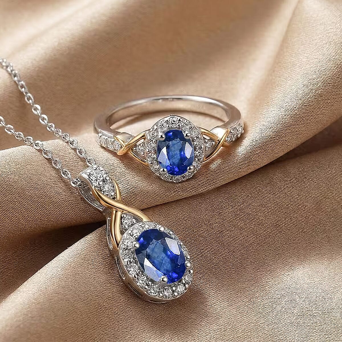 D'Joy Masoala Sapphire (D) and White Zircon 1.50 ctw Ring (Size 6) and Pendant Necklace 20 Inches in 18K Vermeil Yellow Gold and Rhodium Over Sterling Silver (Del. In 10-12 Days) image number 1