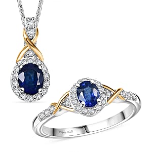 D'Joy Masoala Sapphire (D) and White Zircon 1.50 ctw Ring (Size 7) and Pendant Necklace 20 Inches in 18K Vermeil Yellow Gold and Rhodium Over Sterling Silver