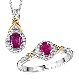 D'Joy Niassa Ruby (FF) and White Zircon 1.50 ctw Ring (Size 7) and Pendant Necklace 20 Inches in 18K Vermeil Yellow Gold and Rhodium Over Sterling Silver