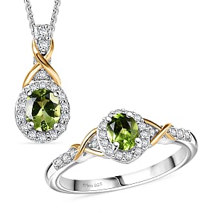 D'Joy Peridot and White Zircon 1.18 ctw Ring (Size 9) and Pendant Necklace 20 Inches in 18K Vermeil Yellow Gold and Rhodium Over Sterling Silver