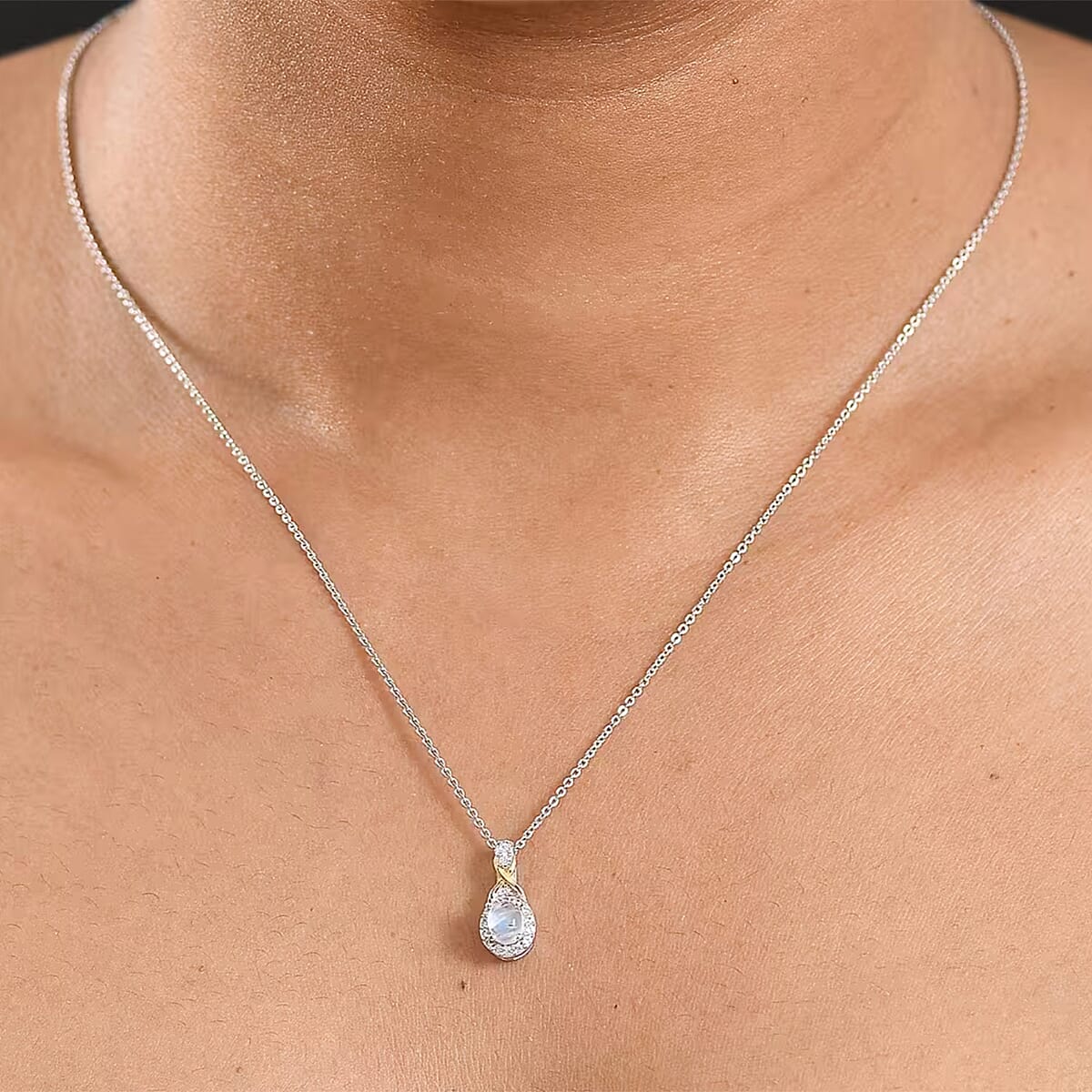 D'Joy Rainbow Moonstone and White Zircon 1.36 ctw Ring (Size 5) and Pendant Necklace 20 Inches in 18K Vermeil Yellow Gold and Rhodium Over Sterling Silver (Del. In 10-12 Days) image number 1