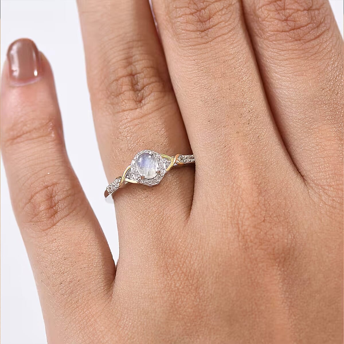 D'Joy Rainbow Moonstone and White Zircon 1.36 ctw Ring (Size 5) and Pendant Necklace 20 Inches in 18K Vermeil Yellow Gold and Rhodium Over Sterling Silver (Del. In 10-12 Days) image number 2