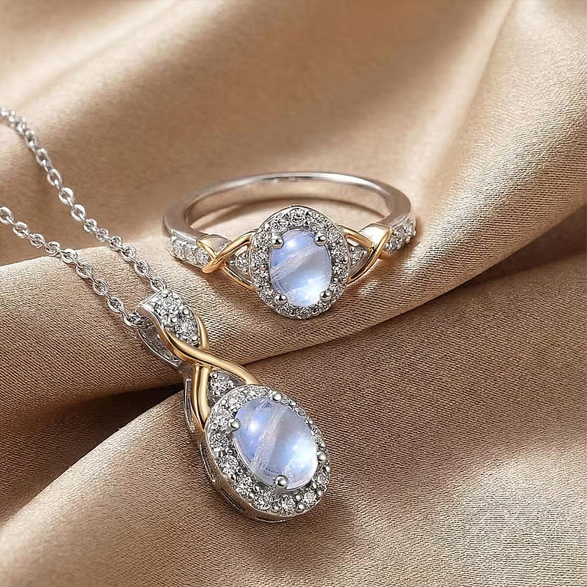 D'Joy Rainbow Moonstone and White Zircon 1.36 ctw Ring (Size 5) and Pendant Necklace 20 Inches in 18K Vermeil Yellow Gold and Rhodium Over Sterling Silver (Del. In 10-12 Days) image number 5