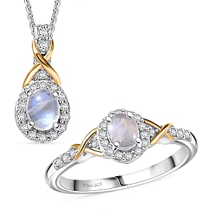 D'Joy Rainbow Moonstone and White Zircon 1.36 ctw Ring (Size 8) and Pendant Necklace 20 Inches in 18K Vermeil Yellow Gold and Rhodium Over Sterling Silver