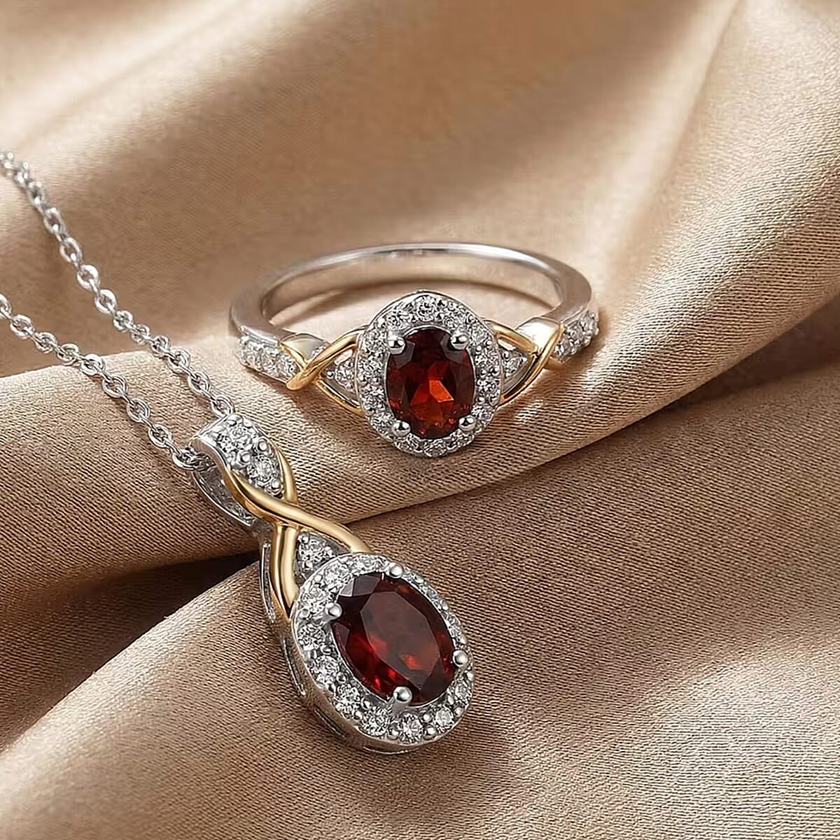 D'Joy Mozambique Garnet and White Zircon 1.28 ctw Ring (Size 5) and Pendant Necklace 20 Inches in 18K Vermeil Yellow Gold and Rhodium Over Sterling Silver (Del. In 10-12 Days) image number 5