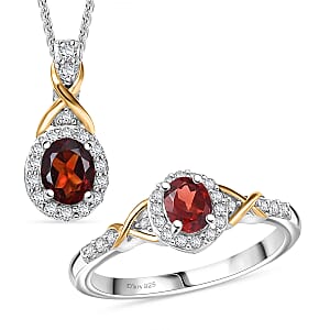 D'Joy Mozambique Garnet and White Zircon 1.28 ctw Ring (Size 8) and Pendant Necklace 20 Inches in 18K Vermeil Yellow Gold and Rhodium Over Sterling Silver