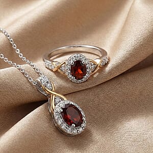 D'Joy Mozambique Garnet and White Zircon 1.28 ctw Ring (Size 8) and Pendant Necklace 20 Inches in 18K Vermeil Yellow Gold and Rhodium Over Sterling Silver