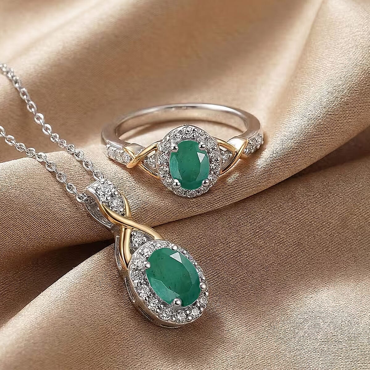 D'Joy Socoto Emerald and White Zircon 1.15 ctw Ring (Size 5) and Pendant Necklace 20 Inches in 18K Vermeil Yellow Gold and Rhodium Over Sterling Silver (Del. In 10-12 Days) image number 4