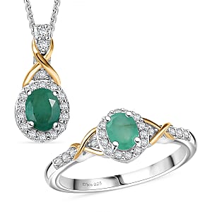 D'Joy Socoto Emerald and White Zircon 1.15 ctw Ring (Size 8) and Pendant Necklace 20 Inches in 18K Vermeil Yellow Gold and Rhodium Over Sterling Silver