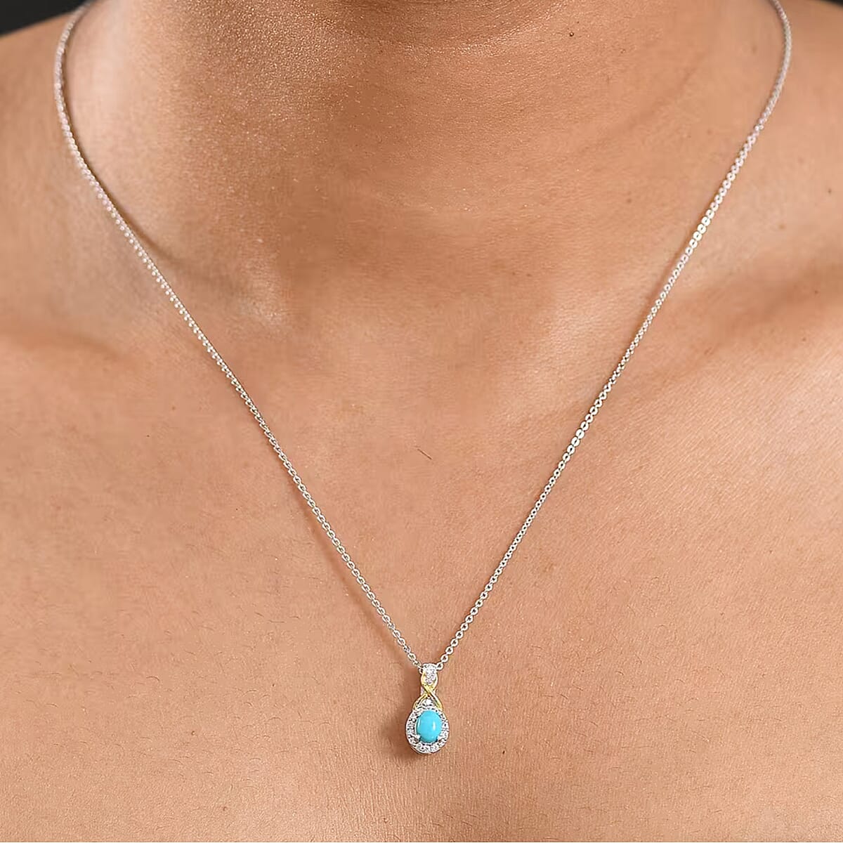 D'Joy Turquoise and White Zircon 1.32 ctw Ring (Size 5) and Pendant Necklace 20 Inches in 18K Vermeil Yellow Gold and Rhodium Over Sterling Silver (Del. In 10-12 Days) image number 1