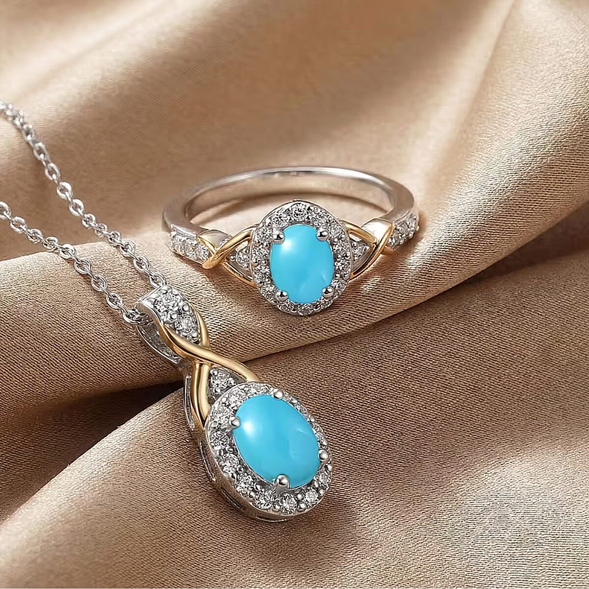 D'Joy Turquoise and White Zircon 1.32 ctw Ring (Size 5) and Pendant Necklace 20 Inches in 18K Vermeil Yellow Gold and Rhodium Over Sterling Silver (Del. In 10-12 Days) image number 4