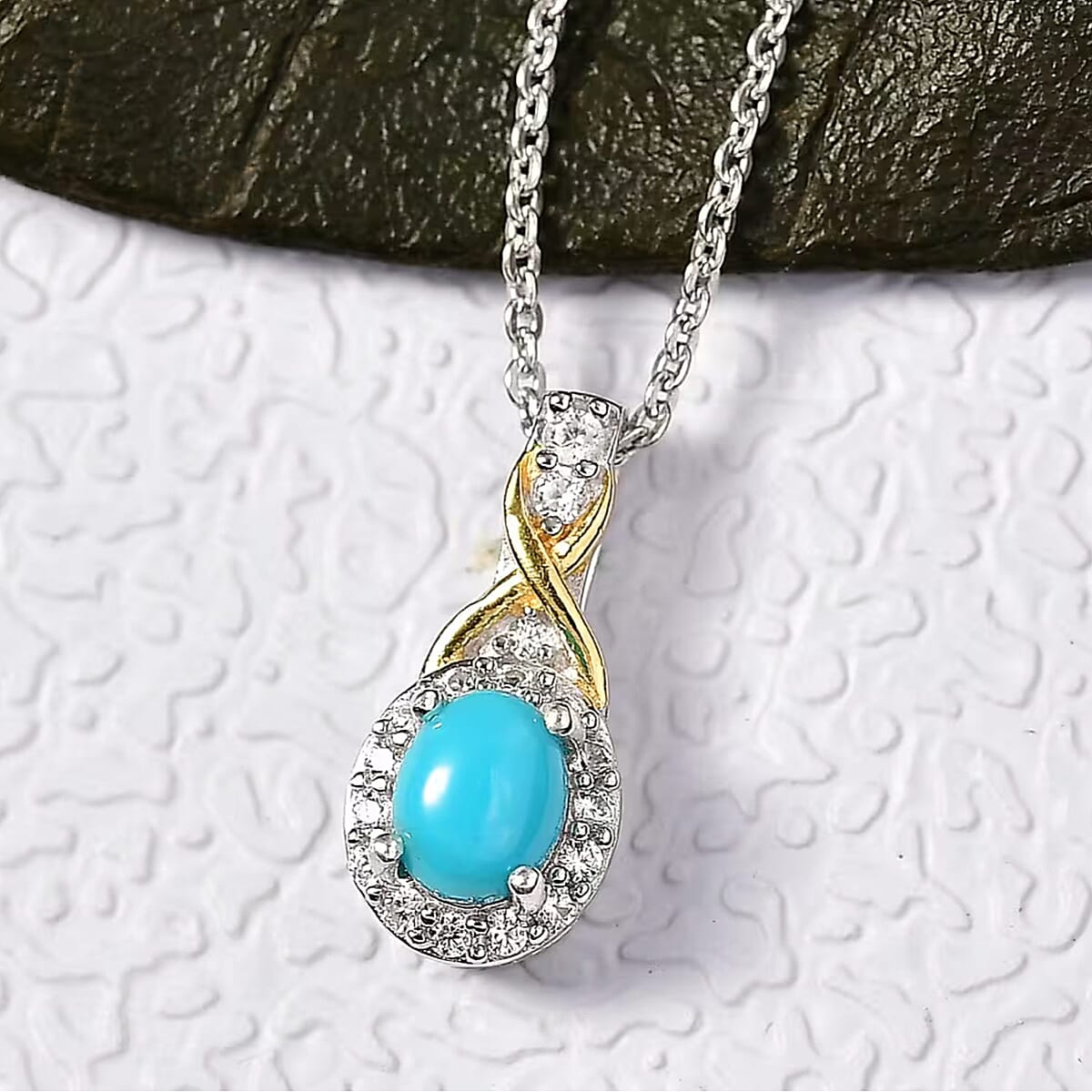 D'Joy Turquoise and White Zircon 1.32 ctw Ring (Size 5) and Pendant Necklace 20 Inches in 18K Vermeil Yellow Gold and Rhodium Over Sterling Silver (Del. In 10-12 Days) image number 5