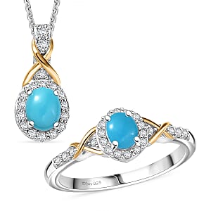D'Joy Sleeping Beauty Turquoise and White Zircon 1.32 ctw Ring (Size 7) and Pendant Necklace 20 Inches in 18K Vermeil Yellow Gold and Rhodium Over Sterling Silver