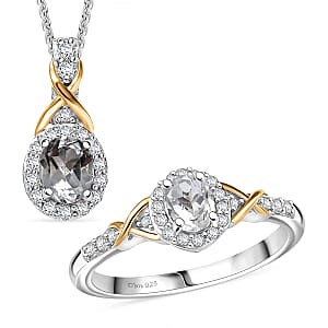 D'Joy White Topaz and White Zircon 1.35 ctw Ring (Size 5) and Pendant Necklace 20 Inches in 18K Vermeil Yellow Gold and Rhodium Over Sterling Silver