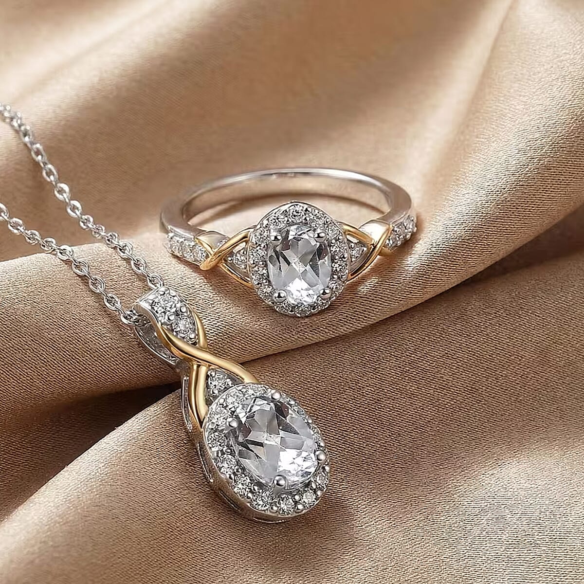 D'Joy White Topaz and White Zircon 1.35 ctw Ring (Size 5) and Pendant Necklace 20 Inches in 18K Vermeil Yellow Gold and Rhodium Over Sterling Silver (Del. In 10-12 Days) image number 4