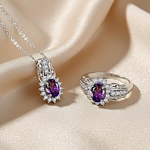 D'Joy African Amethyst and White Zircon 2.50 ctw Ring (Size 5.0), and Pendant Necklace 20 Inches in Rhodium Over Sterling Silver