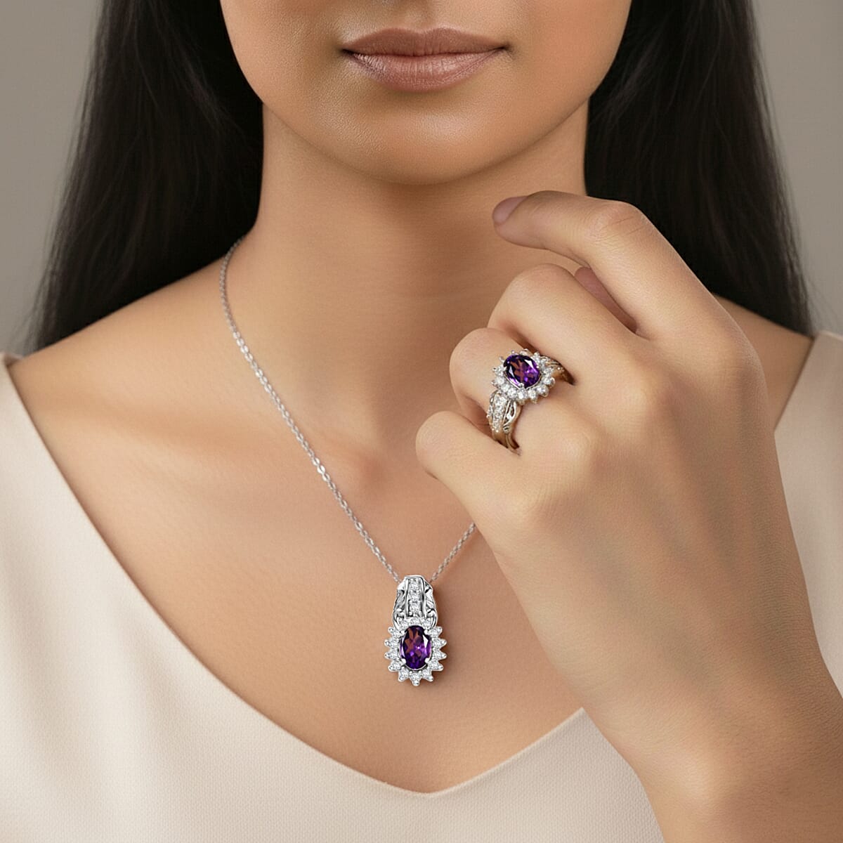 D'Joy African Amethyst, White Zircon Ring (Size 5.0), Pendant Necklace (20 Inches) in Rhodium Over Sterling Silver 2.50 ctw image number 2
