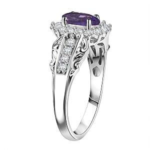 D'Joy African Amethyst and White Zircon 2.50 ctw Ring (Size 5.0), and Pendant Necklace 20 Inches in Rhodium Over Sterling Silver