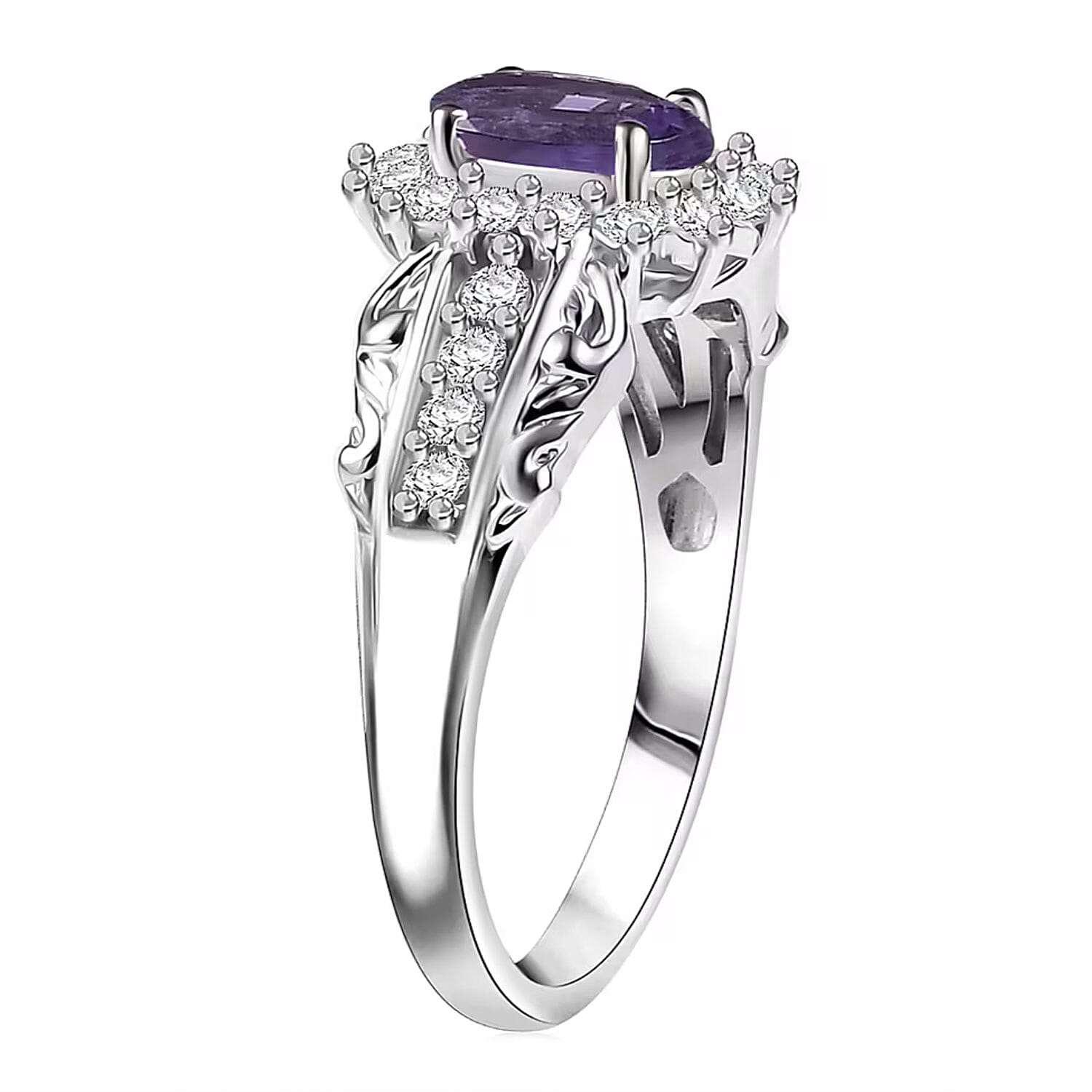 D'Joy African Amethyst and White Zircon 2.50 ctw Ring (Size 5.0), and Pendant Necklace 20 Inches in Rhodium Over Sterling Silver (Del. In 10-12 Days)