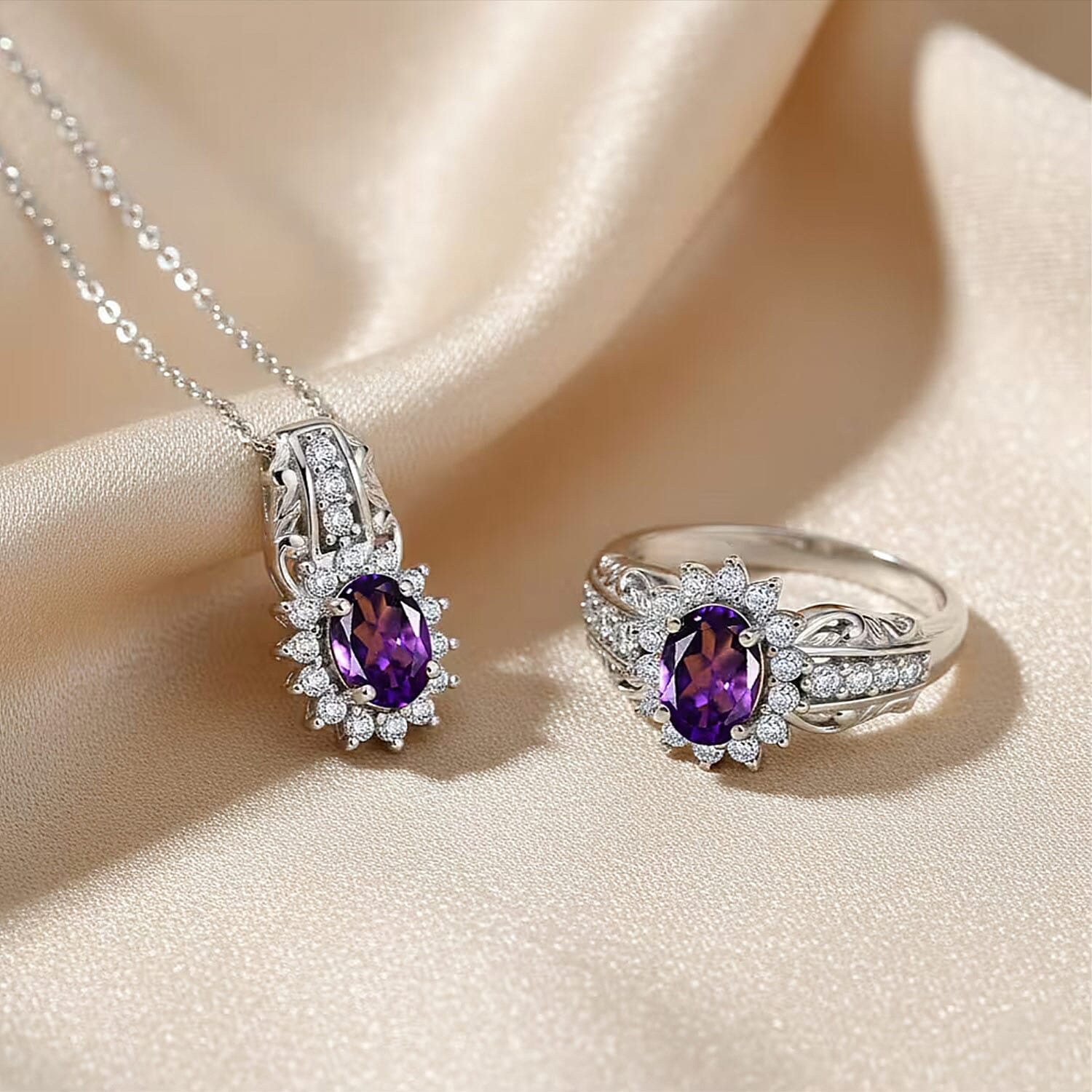 D'Joy African Amethyst, White Zircon Ring (Size 5.0), Pendant Necklace (20 Inches) in Rhodium Over Sterling Silver 2.50 ctw