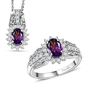 D'Joy African Amethyst and White Zircon 2.50 ctw Ring (Size 9.0), and Pendant Necklace 20 Inches in Rhodium Over Sterling Silver