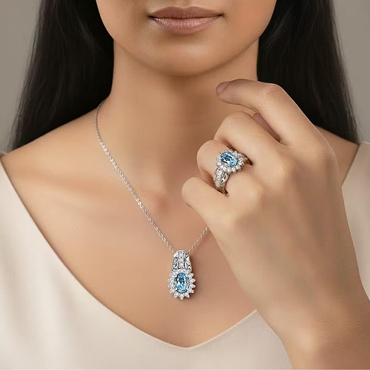 D'Joy Cambodian Blue Zircon and White Zircon 3.65 ctw Ring (Size 5.0), and Pendant Necklace 20 Inches in Rhodium Over Sterling Silver (Del. In 10-12 Days) image number 1