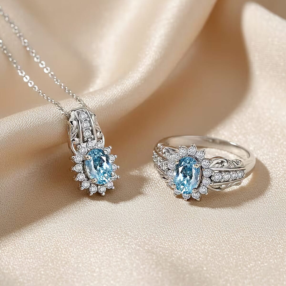 D'Joy Cambodian Blue Zircon and White Zircon 3.65 ctw Ring (Size 5.0), and Pendant Necklace 20 Inches in Rhodium Over Sterling Silver (Del. In 10-12 Days) image number 4
