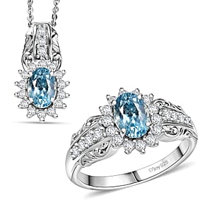 D'Joy Cambodian Blue Zircon and White Zircon 3.65 ctw Ring (Size 7.0), and Pendant Necklace 20 Inches in Rhodium Over Sterling Silver