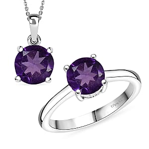 D'Joy African Amethyst Ring (Size 5.0) and Pendant Necklace (20 Inches) in Rhodium Over Sterling Silver 2.40 ctw