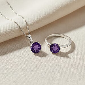 D'Joy African Amethyst 2.40 ctw Ring (Size 5.0) and Pendant Necklace 20 Inches in Rhodium Over Sterling Silver