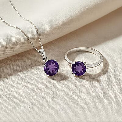 D'Joy African Amethyst 2.40 ctw Ring (Size 5.0) and Pendant Necklace 20 Inches in Rhodium Over Sterling Silver