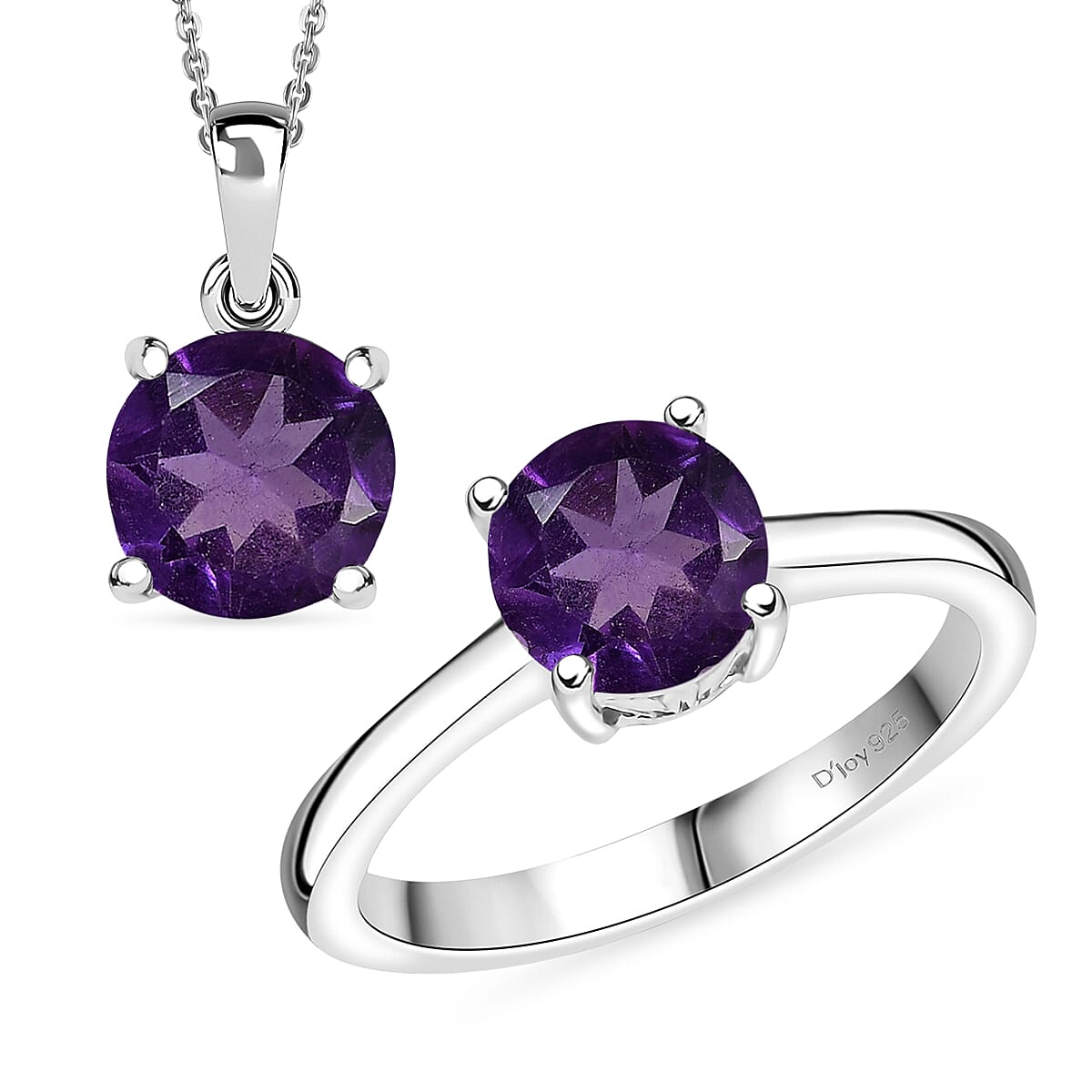 D'Joy African Amethyst 2.40 ctw Ring (Size 8.0) and Pendant Necklace 20 Inches in Rhodium Over Sterling Silver