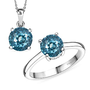 D'Joy Cambodian Blue Zircon 4.15 ctw Ring (Size 5.0) and Pendant Necklace 20 Inches in Rhodium Over Sterling Silver