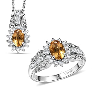 D'Joy Brazilian Citrine and White Zircon 2.50 ctw Ring (Size 5.0), and Pendant Necklace 20 Inches in Rhodium Over Sterling Silver
